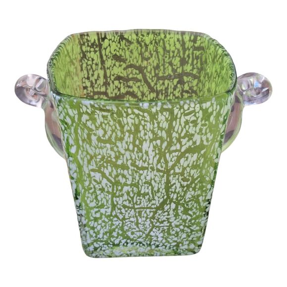 Mid Century Ice Bucket Crackle Art Glass Green Vase Mad Men Barware Vintage - Picture 5 of 10